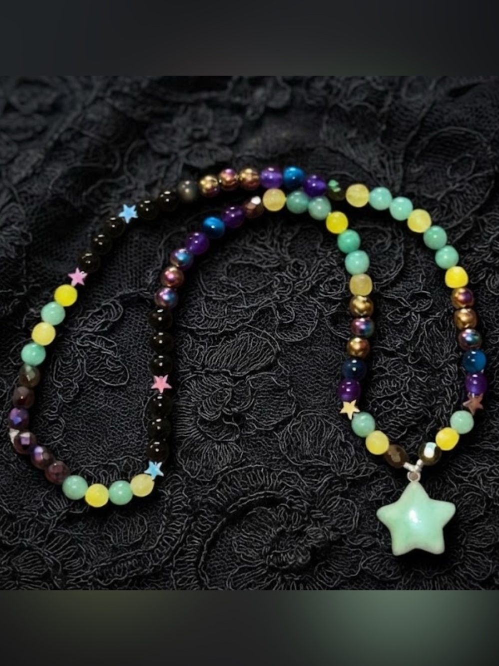 Neon Genie Necklace(Yellow Jade, Rainbow Hematite, Rainbow Obsidian, Aventurine)